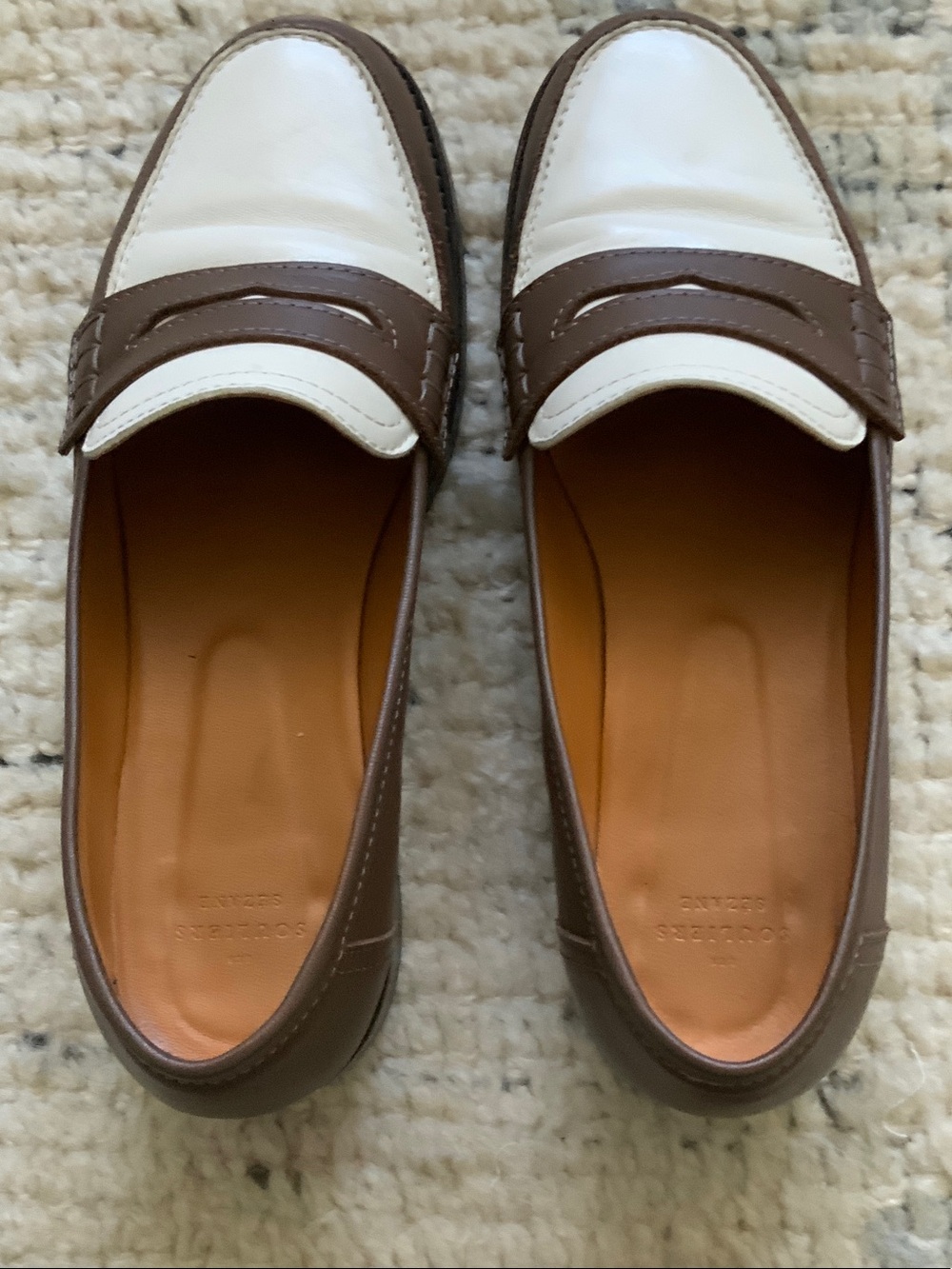 Sezane Two-Tone Penny Loafers in Brown and White